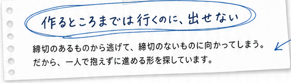 作るところまでは行くのに、出せない。締切のあるものから逃げて、締切のないものに向かってしまう。だから、一人で抱えずに進める形を探しています。